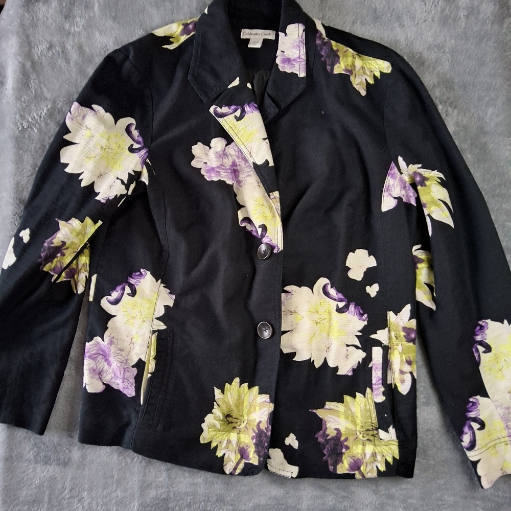 Womens Coldwater‎ Creek Blazer Black Floral Size Medium Collared Career Casual